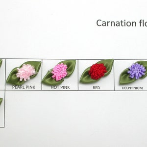 May include: Carnation flower embellishments in various colors, including white, pearl pink, hot pink, red, delphinium, azalea, and yellow. Each flower is attached to a green leaf.