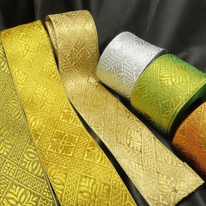 Wide Jacquard Ribbon 2 1/2&quot; Metallic Gold Detailed Diamond Woven  Border Per Yard