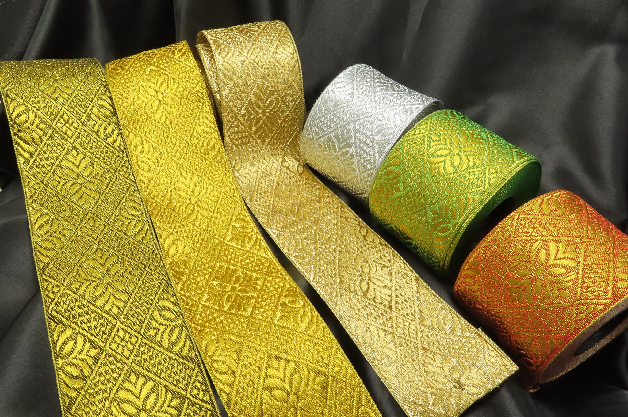 Wide Jacquard Ribbon 2 1/2" Metallic Gold Detailed Diamond Woven  Border Per Yard