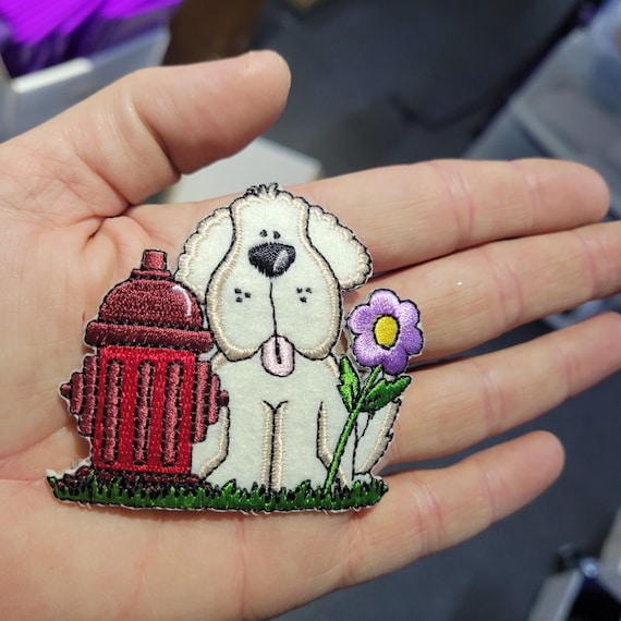 Puppy Dog Patch with Hydrant Embroidered Iron On Applique