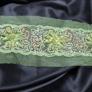 Green Embroidered & Sequin Fancy Floral Sheer Trim Per Yard