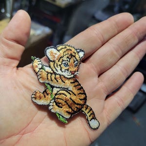May include: Embroidered patch of a baby tiger with orange and black stripes, blue eyes, and white accents. The tiger is clinging to a green vine. The patch is likely for clothing or accessories.