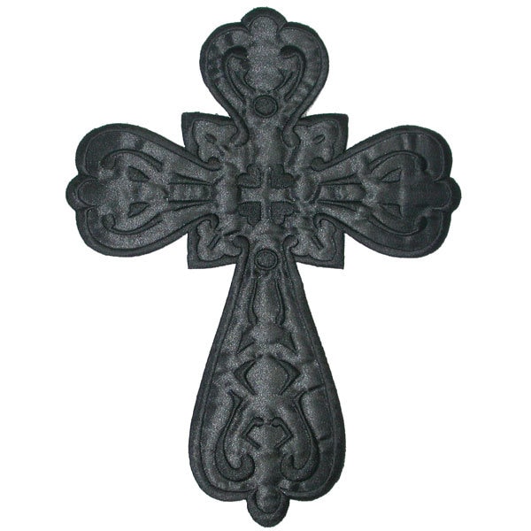Black Cross Large Patch Iron On Applique - Sacred Heart Cross Black 9 3/4" high x 7 3/8" wide