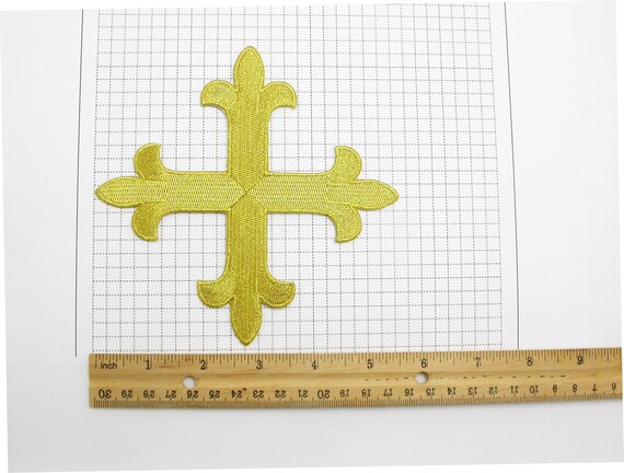 Embroidered Cross Patch Iron on Applique - Latin Cross (Metallic Gold, 2 x  1 3/8) - 6 Pack