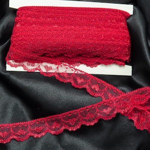 Raschel Lace 1&quot; 25mm Red Hearts - SOFT HAND-  Outstanding Quality 25 or 50 Yards