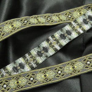 Jacquard Ribbon Black 7/8&quot; (22mm) Metallic Silver & Gold Medieval Lorica Priced per yard