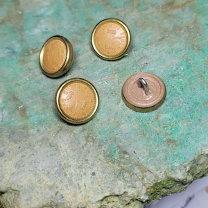 May include: Four brown buttons with gold metal rims. Three buttons have a design on the front and one button has a loop on the back.
