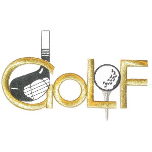 Golf Club in Golf Word Iron On Applique 6 1/2&quot; across x 3 3/4&quot; high