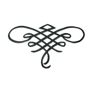 May include: A black decorative design with a knotted pattern, resembling a stylised flower or a geometric shape.