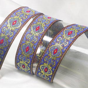 Fita Jacquard 1" Azul Ouro e Vermelho Fantasia Preço por jarda