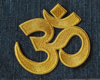 Iron On Patch Applique - Hindu Symbol "OM" Metallic Gold  3 size choices AUM