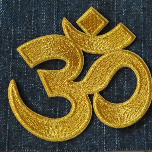 Iron On Patch Applique - Hindu Symbol "OM" Metallic Gold  3 size choices AUM