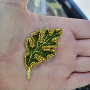 Beaded Green Oak Leaf Iron On Applique: Embroidered Velveteen