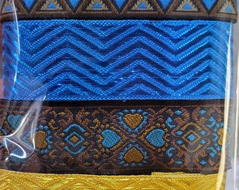 Jacquard Ribbon Remnant Pack Blue Brown Shades 6 x 1 Yard Lengths