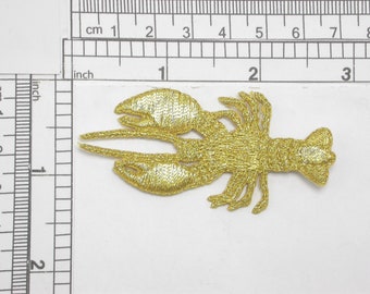 Lobster in Metallic Gold Iron On Patch Applique Fully Embroidered in Bright Metallic Gold Thread Measures 2 5/8" across x 1 1/4" wide