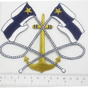 Large Anchor & Flags Embroidered Iron On Patch Applique Measures 5 1/8&quot; across x 4 1/2&quot; high