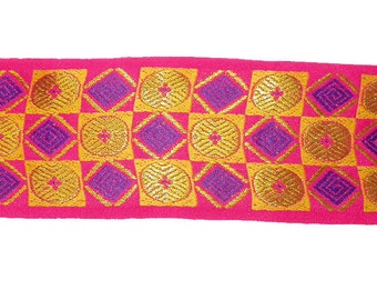 Jacquard Ribbon 2 3/4" 69mm Metallic Gold & Hot Pink saree sari border 3 3/4 yard remnant