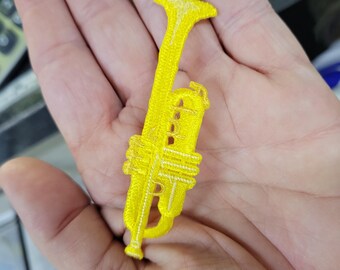 Trumpet Embroidered Iron On Patch: Fully Embroidered Applique (3 1/4" x 1")