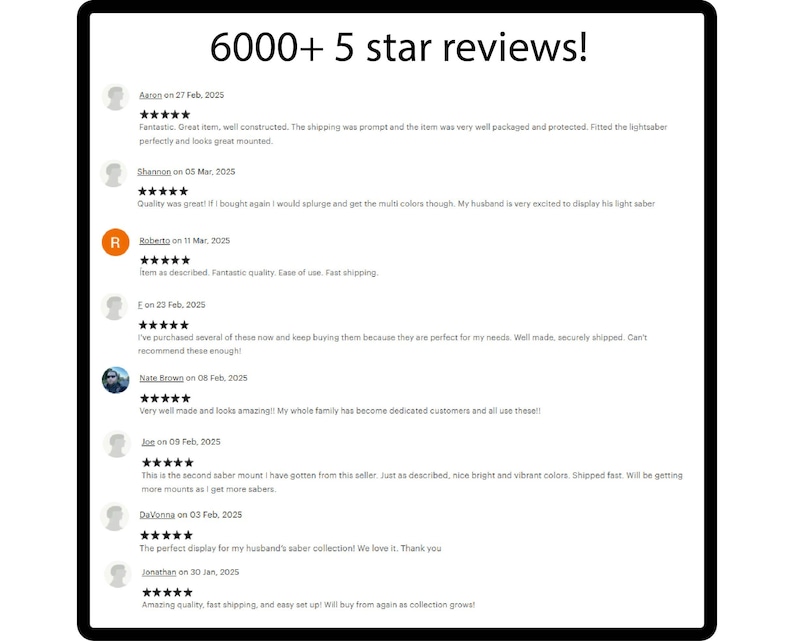 Puede incluir: Un fondo blanco muestra rese&ntilde;as de clientes con una calificaci&oacute;n de 5 estrellas. El texto "6000+ 5 star reviews!" est&aacute; en la parte superior. Las rese&ntilde;as mencionan calidad, env&iacute;o r&aacute;pido y f&aacute;cil configuraci&oacute;n. Las rese&ntilde;as est&aacute;n fechadas de enero a marzo de 2025.