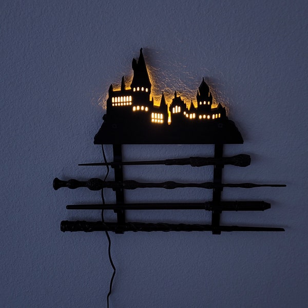 LED Lit Wand Holder - Hogwarts Silhouette Wall Mounted Display Night Light