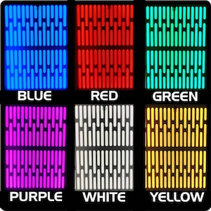 Puede incluir: Seis paneles que muestran diferentes colores: azul, rojo, verde, morado, blanco y amarillo. Cada panel presenta un patr&oacute;n repetitivo de l&iacute;neas verticales, con los nombres de los colores debajo.