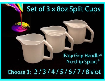 Set of 3 x 8oz Split Cup 2-8 Slots with Easy Grip Handle© and No-Drip Spout© -  Acrylic Pour Cup with Compartments / Slots