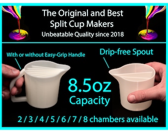 8.5oz Split Cup, 2 to 8 chambers available with Easy Grip Handle© and No-Drip Spout© -  Acrylic Pour Cup with Compartments / Slots