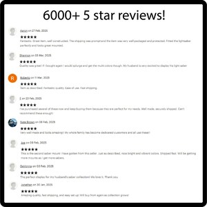 May include: Screenshot of a website with customer reviews for a lightsaber display stand. The reviews are all five stars and include positive comments about the quality, ease of use, and fast shipping. The text '6000+ 5 star reviews!' is at the top of the image.