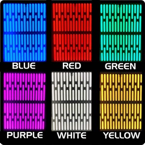 Puede incluir: Seis paneles que muestran diferentes colores: azul, rojo, verde, morado, blanco y amarillo. Cada panel presenta un patr&oacute;n repetitivo de l&iacute;neas verticales, con los nombres de los colores debajo.