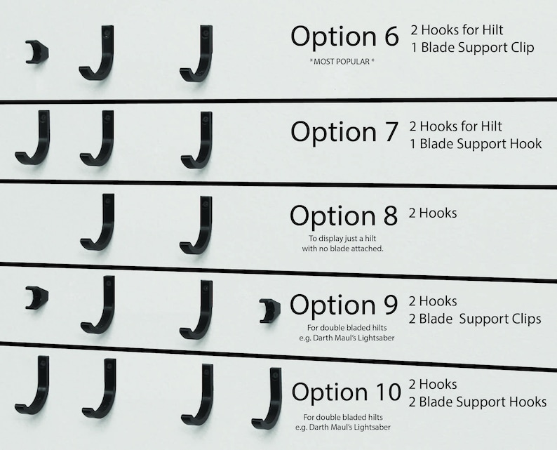 K&ouml;nnte beinhalten: Diagramm mit 5 verschiedenen Optionen zum Anbringen eines Lichtschwerts an einer Wand. Jede Option beinhaltet eine Kombination aus Haken und Klingenst&uuml;tzen oder Haken. Der Text "MOST POPULAR" steht neben Option 6.