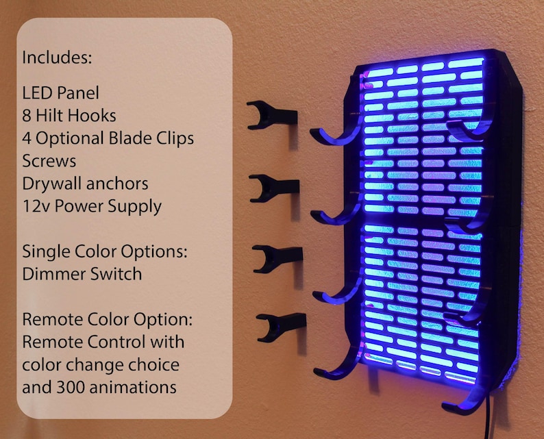 Puede incluir: Un panel LED negro con una pantalla de luz azul, con ocho ganchos curvos. El panel incluye un interruptor de atenuaci&oacute;n y un control remoto con opciones de cambio de color y 300 animaciones. Incluye panel LED, 8 ganchos, 4 clips de cuchilla, tornillos, anclajes de paneles de yeso y fuente de alimentaci&oacute;n de 12 V.