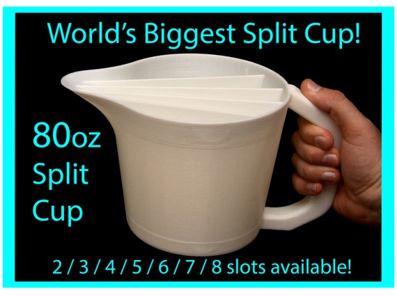 80oz, 2-8 slot Split Cup with Easy Grip Handle© and No-Drip Spout© -  Acrylic Pour Cup with Compartments / Slots