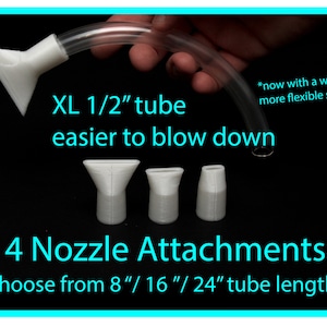 May include: White plastic nozzle attachments for a blow tube, with a clear plastic tube. The text reads "XL 1/2" tube easier to blow down" and "4 Nozzle Attachments Choose from 8"/16"/24" tube length".