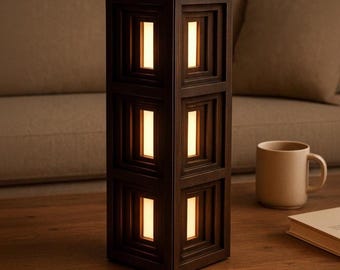 Modern Geometric Wood Lamp – Espresso Stained Accent Light, Touch Control