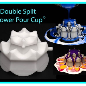 May include: White plastic "Double Split Flower Pour Cup" with a multi-layered design. The cup is shown with blue and purple paint being poured into it, creating a swirling pattern.
