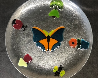 Fused Glass Butterfly and Flower Platter, Picnic Tray, Friend Gift, Statement Piece, Design Platter
