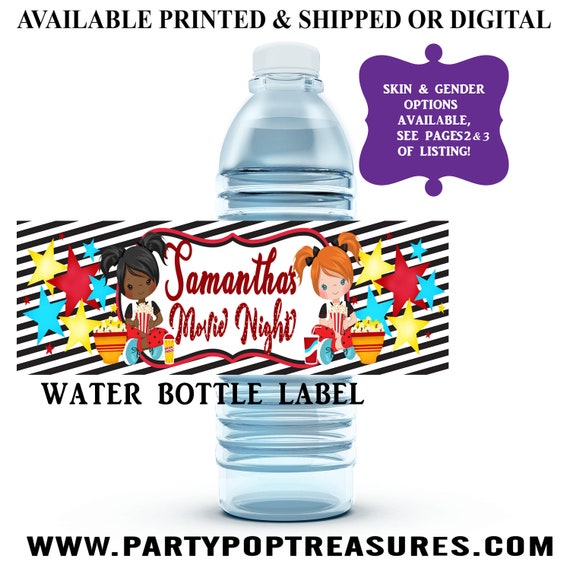 Movie Night Water Bottle Label - Water Bottle Label - Capri Sun Label - Slumber Party - Movie Theme Party Printable - Sleepover Party Favor Il_570xn