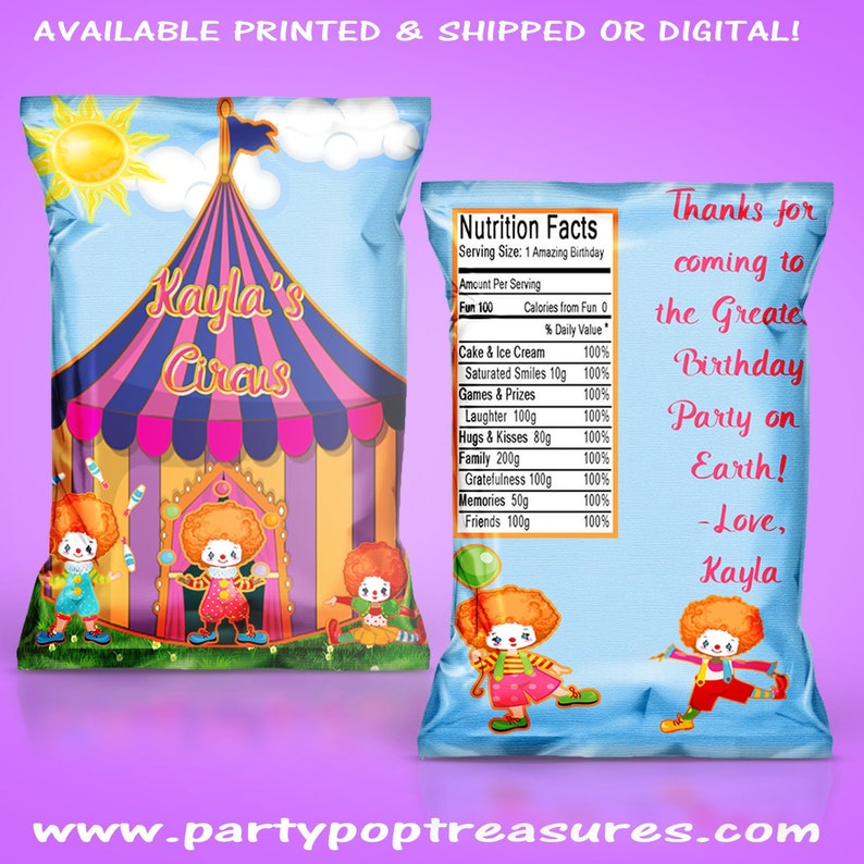 Custom Party Favors Printed Party Printables Digital Chip Bag Circus Chip Bags Circus Party