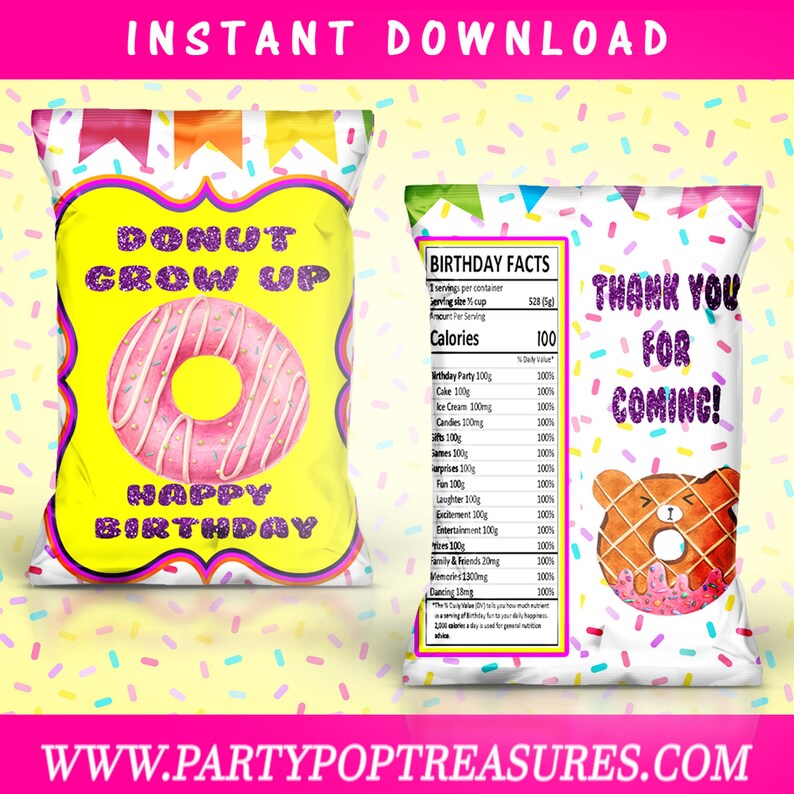 Digital File Donut Theme Chip Bag Party Favor Party Printables Donut Chip Bag First Birthday Custom Chip Bag Printed