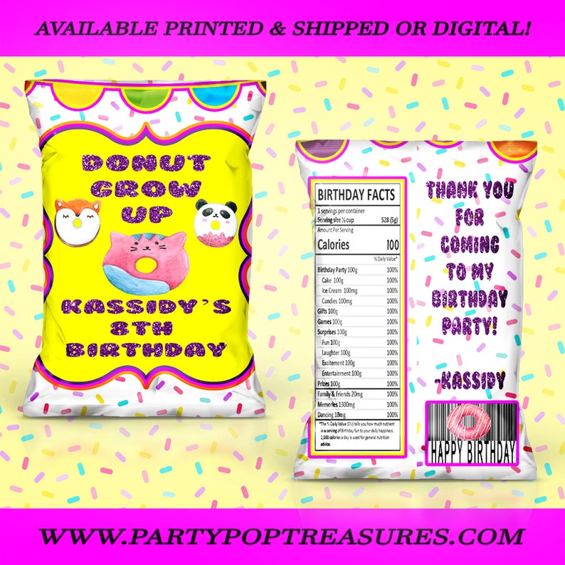 Digital File Donut Theme Chip Bag Party Favor Party Printables Donut Chip Bag First Birthday Custom Chip Bag Printed