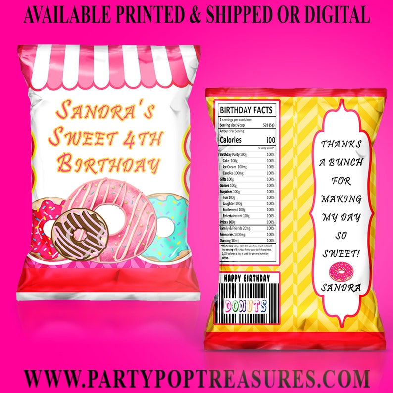 Digital File Donut Theme Chip Bag Party Favor Party Printables Donut Chip Bag First Birthday Custom Chip Bag Printed
