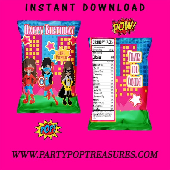 Superhero Chip Bag - INSTANT DIGITAL DOWNLOAD - File Cannot Be Customized - File Not Editable - Girl Superhero - Digital - Party Printable Il_570xn