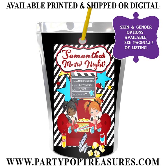 Movie Night Capri Sun Label - Party Favor - Movie Night Juice Pouch Label - Digital File - Slumber Party - Party Printable - Printed Il_570xn