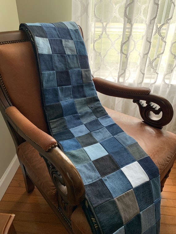 Up-cycled Denim Throw Featuring Mini Squares & Navy Paisley | Etsy