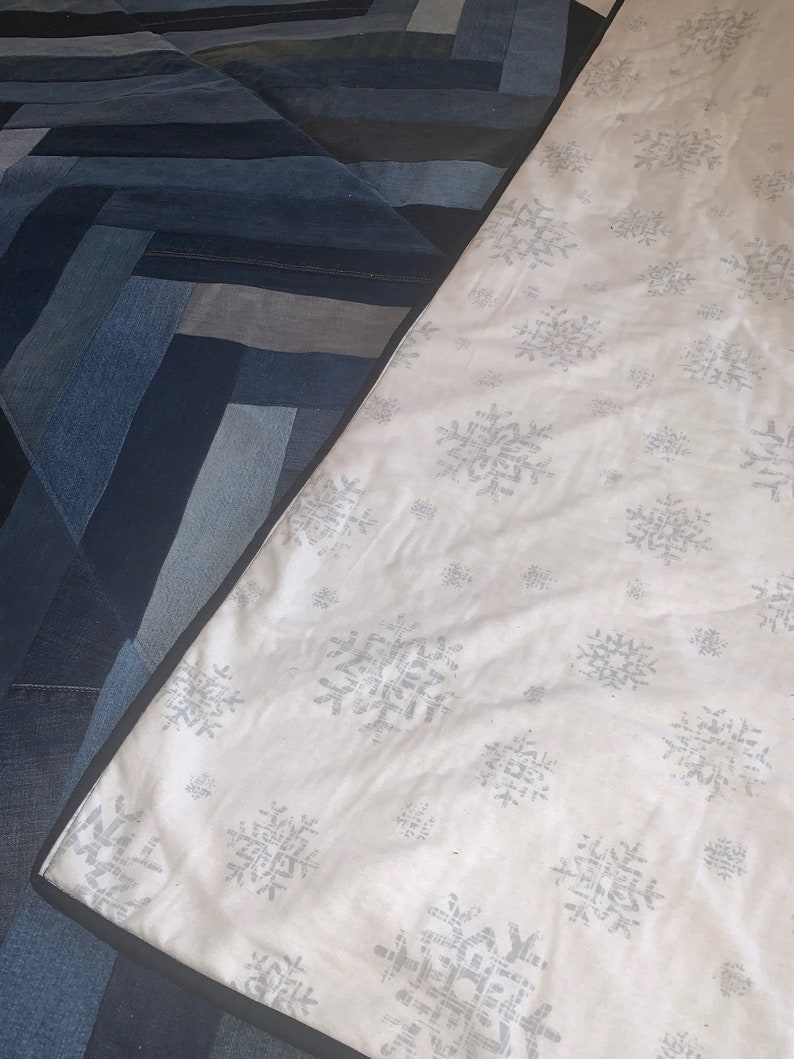 Chevron Denim King Quilt With White Snowflake Flannel Etsy