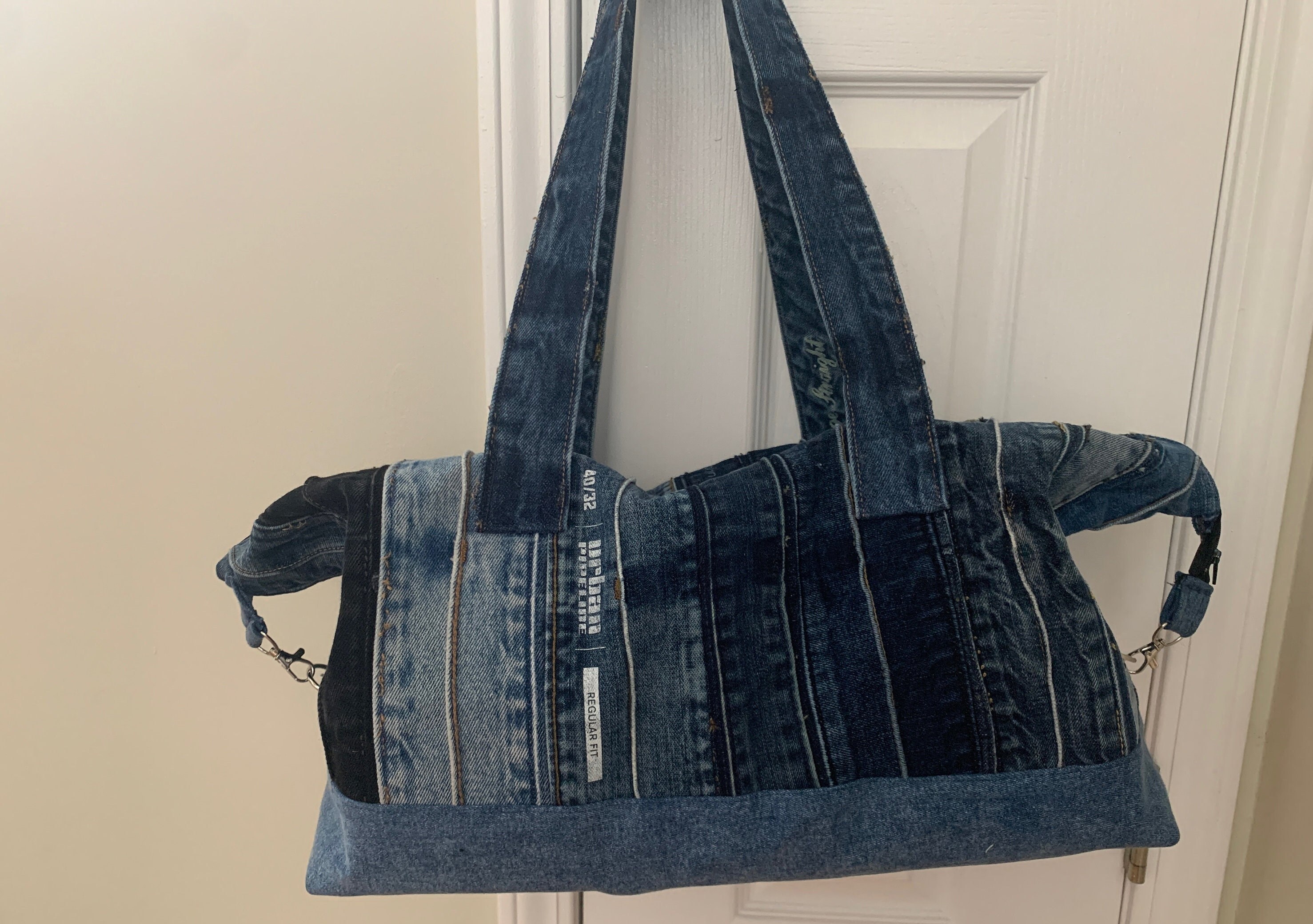 Jeans Bag Handmade Denim Fabric Torn Pattern, Embroidered Gym Bag