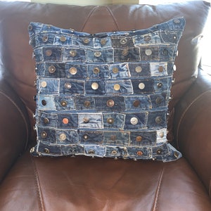 Up-Cycled Denim Pillow made of recycled jean buttons