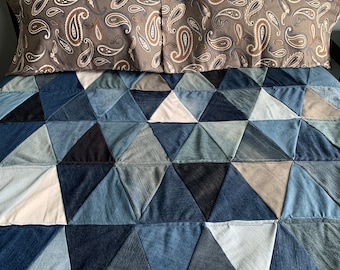 Denim Jean Triangle Queen Quilt w/ grey paisley flannel backing & pillowcases