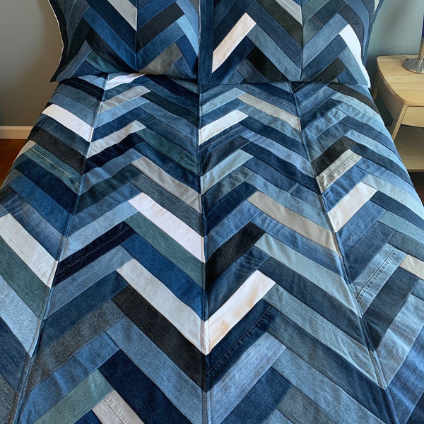 Up-Cycled Denim Chevron Queen Quilt with Pillow Shams