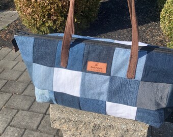 Zippered Denim Tote Bag - Made with recycled blue jeans!